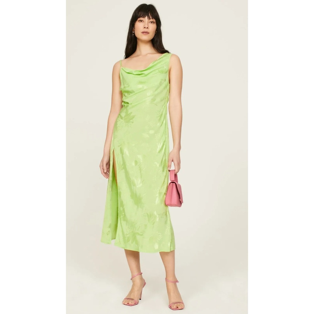 For Love & Lemons Ilana Asymmetrical Neck High Side Slit Satin Midi Slit Dress M - Picture 2 of 15